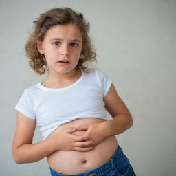 A young girl holding her belly in discomfort, with a troubled look on her face indicating a stomach ache.