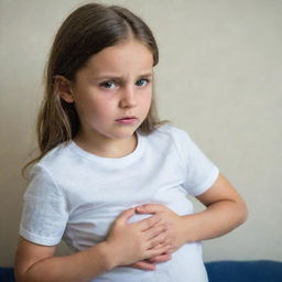 A young girl holding her belly in discomfort, with a troubled look on her face indicating a stomach ache.