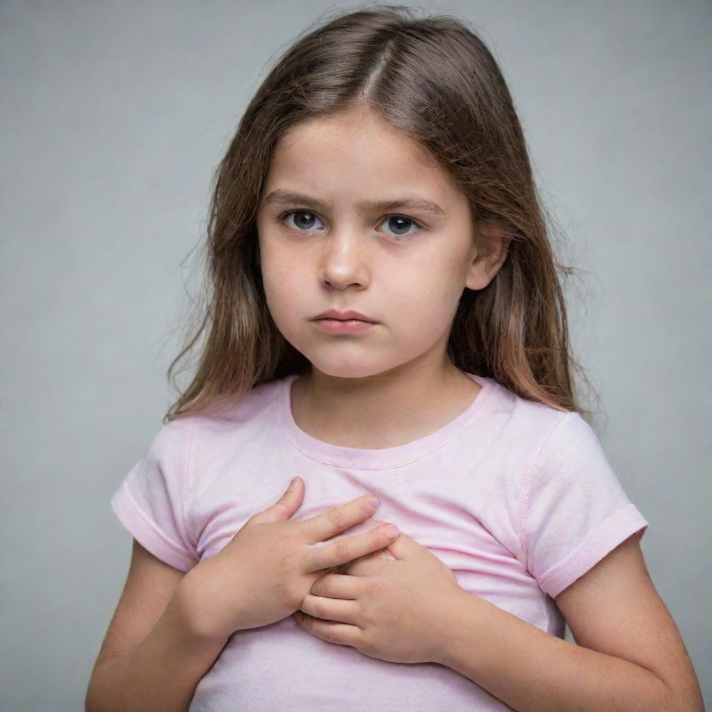 A young girl holding her belly in discomfort, with a troubled look on her face indicating a stomach ache.