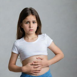 A young girl holding her belly in discomfort, with a troubled look on her face indicating a stomach ache.