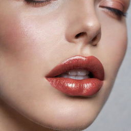 Close-up image of beautiful makeup with glossy lips from which lip gloss is delicately dripping.