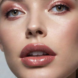 Close-up image of beautiful makeup with glossy lips from which lip gloss is delicately dripping.