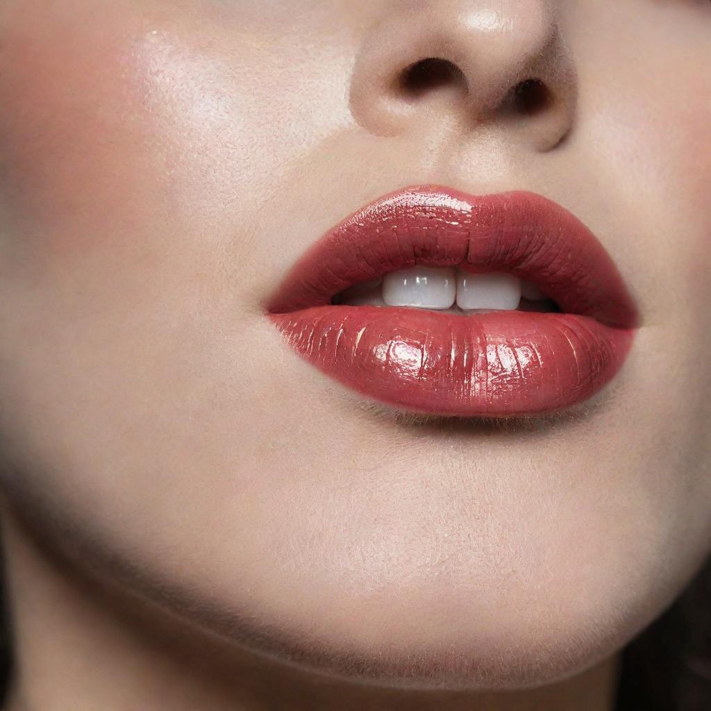 Close-up image of beautiful makeup with glossy lips from which lip gloss is delicately dripping.