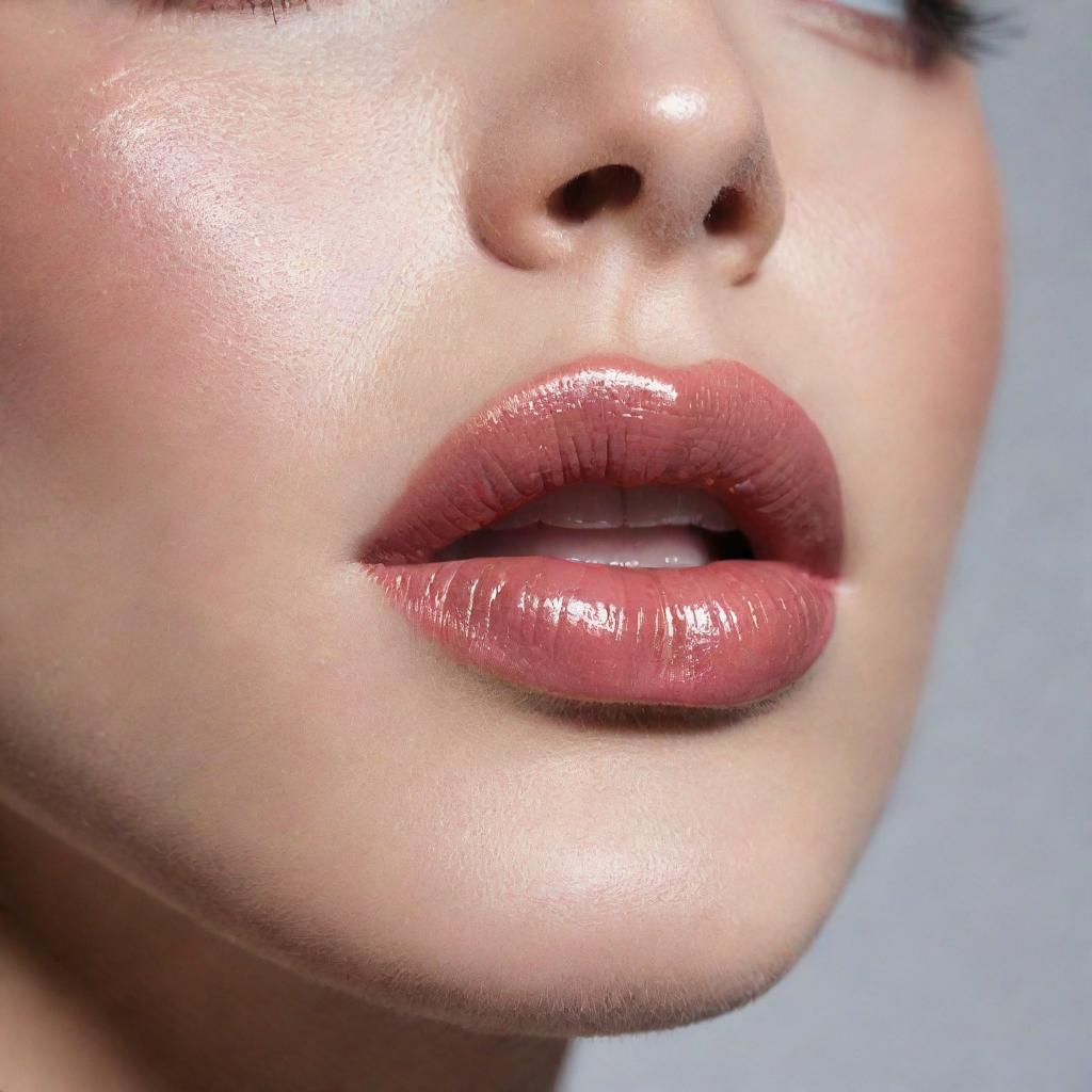 Close-up image of beautiful makeup with glossy lips from which lip gloss is delicately dripping.