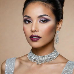 A stunning woman of uncertain ethnicity, wearing elegant makeup.