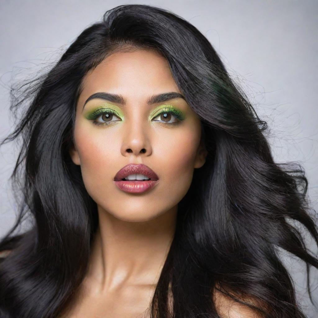 A captivating woman with features hinting at Asian, Arabic, and Black heritage, her full lips and striking green eyes. Her long, wavy black hair is loose and flowing in motion. The image is in high-definition and artistic.