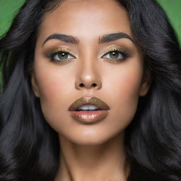 A captivating woman with features hinting at Asian, Arabic, and Black heritage, her full lips and striking green eyes. Her long, wavy black hair is loose and flowing in motion. The image is in high-definition and artistic.