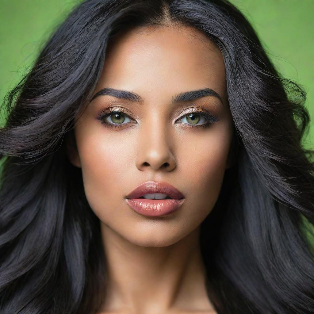 A captivating woman with features hinting at Asian, Arabic, and Black heritage, her full lips and striking green eyes. Her long, wavy black hair is loose and flowing in motion. The image is in high-definition and artistic.