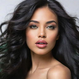 A captivating woman with features hinting at Asian, Arabic, and Black heritage, her full lips and striking green eyes. Her long, wavy black hair is loose and flowing in motion. The image is in high-definition and artistic.