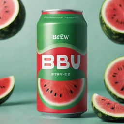 A new, sleek beer can with the brand name 'BrewB', featuring a refreshing watermelon flavor. The design incorporates shades of red and green, reminiscent of a fresh, juicy watermelon.