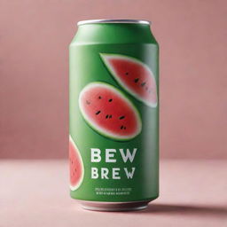 A new, sleek beer can with the brand name 'BrewB', featuring a refreshing watermelon flavor. The design incorporates shades of red and green, reminiscent of a fresh, juicy watermelon.