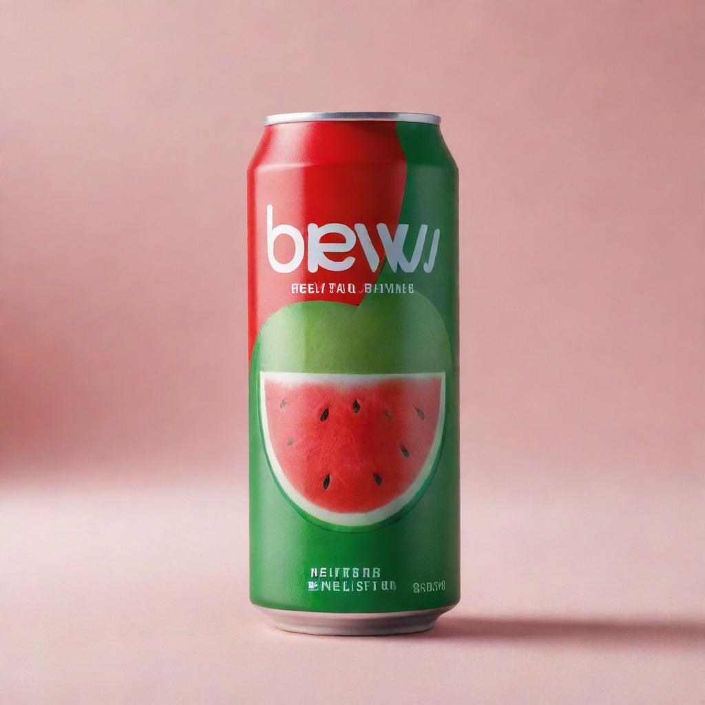 A new, sleek beer can with the brand name 'BrewB', featuring a refreshing watermelon flavor. The design incorporates shades of red and green, reminiscent of a fresh, juicy watermelon.