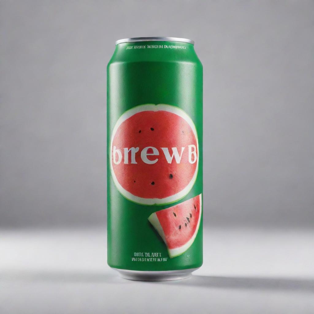 A new, sleek beer can with the brand name 'BrewB', featuring a refreshing watermelon flavor. The design incorporates shades of red and green, reminiscent of a fresh, juicy watermelon.