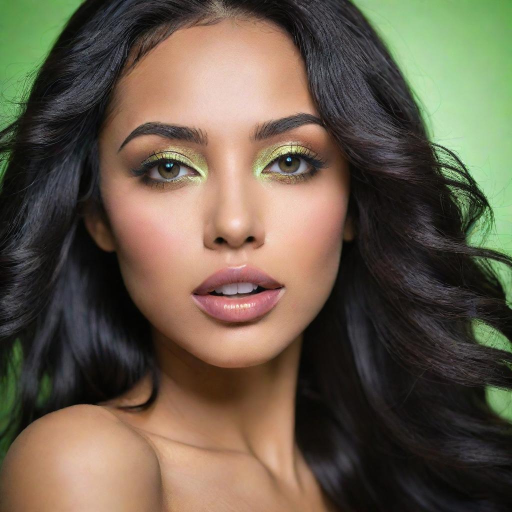 A captivating woman with features hinting at Asian, Arabic, and Black heritage, her full lips and striking green eyes. Her long, wavy black hair is loose and flowing in motion. The image is in high-definition and artistic.