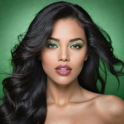 A captivating woman with features hinting at Asian, Arabic, and Black heritage, her full lips and striking green eyes. Her long, wavy black hair is loose and flowing in motion. The image is in high-definition and artistic.