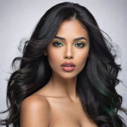 A captivating woman with features hinting at Asian, Arabic, and Black heritage, her full lips and striking green eyes. Her long, wavy black hair is loose and flowing in motion. The image is in high-definition and artistic.