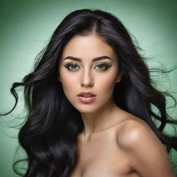 A captivating, full-body candid of a woman with Asian, Arabic, and Black roots, green eyes, full lips, and glossy 'glass' skin. Her long, wavy black hair flows in motion. The image is in high-definition and artistic.