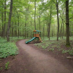 a beautiful playground alongside a trail in a spring forest with lush green foliage