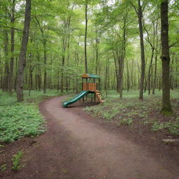 a beautiful playground alongside a trail in a spring forest with lush green foliage