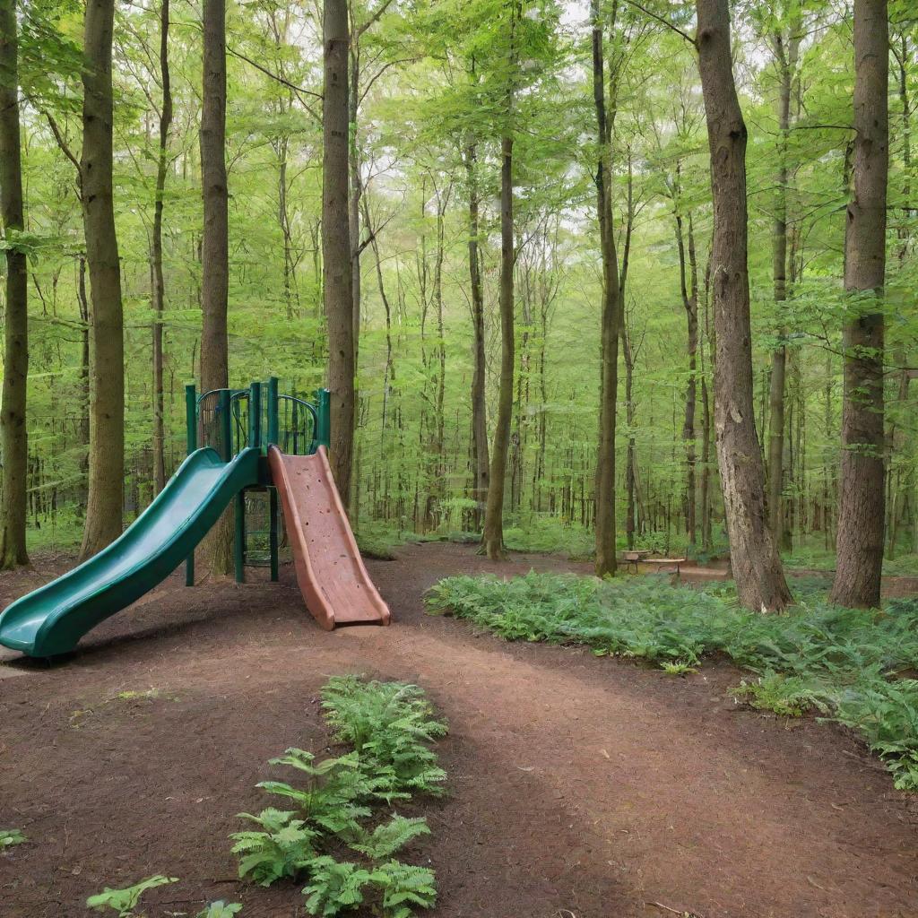 a beautiful playground alongside a trail in a spring forest with lush green foliage