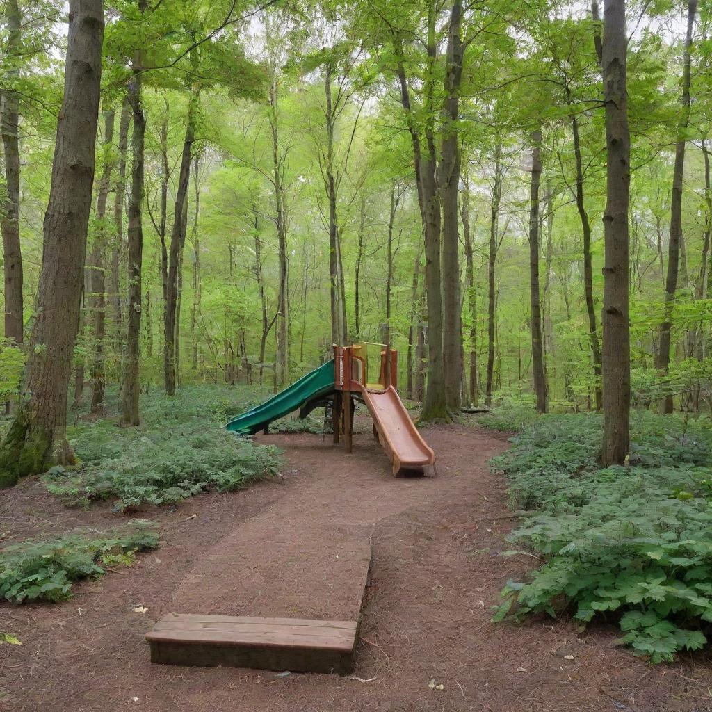 a beautiful playground alongside a trail in a spring forest with lush green foliage