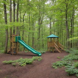 a beautiful playground alongside a trail in a spring forest with lush green foliage