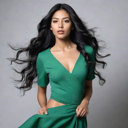 A full-body candid fashion shot of a woman of Asian, Arabic, and Black descent. She has green eyes, full lips, and glass skin, with long, wavy black hair in motion. Image is high-definition and artistic.