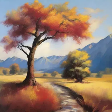 The resinated oil paints added depth and texture to the artist's vibrant landscape painting.