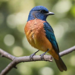 A vibrant, lifelike bird perched on a branch, feathers glistening under gentle sunlight