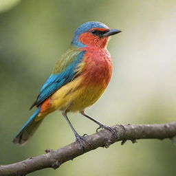 A vibrant, lifelike bird perched on a branch, feathers glistening under gentle sunlight