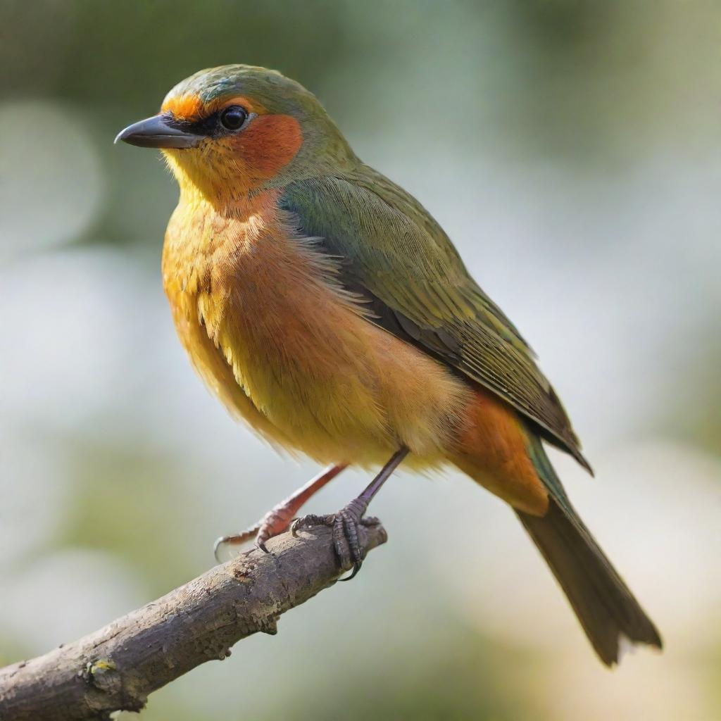 A vibrant, lifelike bird perched on a branch, feathers glistening under gentle sunlight