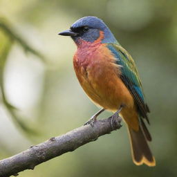 A vibrant, lifelike bird perched on a branch, feathers glistening under gentle sunlight