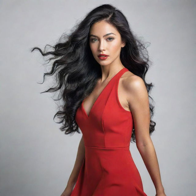 A full-body candid fashion shot of a woman with Asian, Arabic, and Black heritage. She has green eyes, full lips, glass skin, and long, wavy black hair in motion, wearing a stunning red dress, giving off Generation Z vibes. The image is high-definition and artistic.