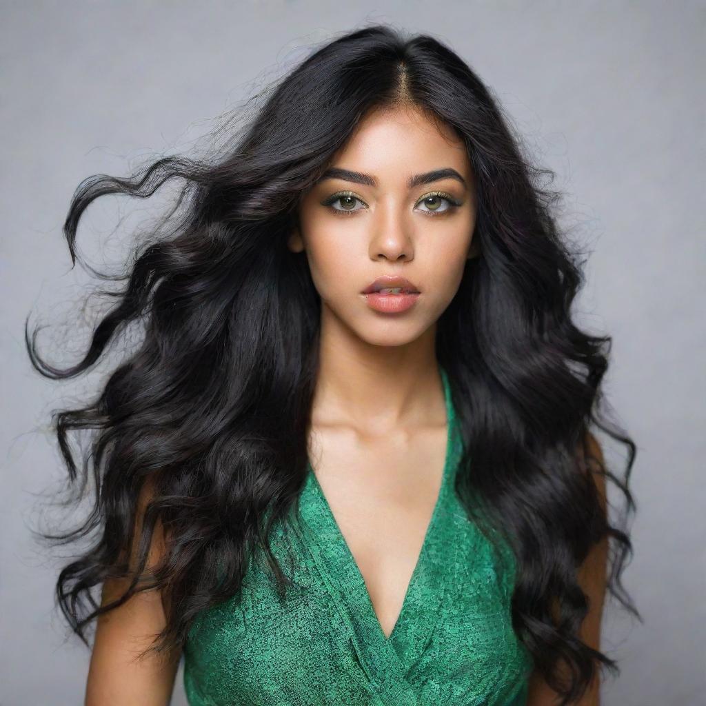 An artistic HD, full body candid fashion shot of a Generation Z inspired woman with Asian, Arabic, and Black heritage. She has green eyes, full lips, glass skin, and long, loose, wavy black hair in motion.