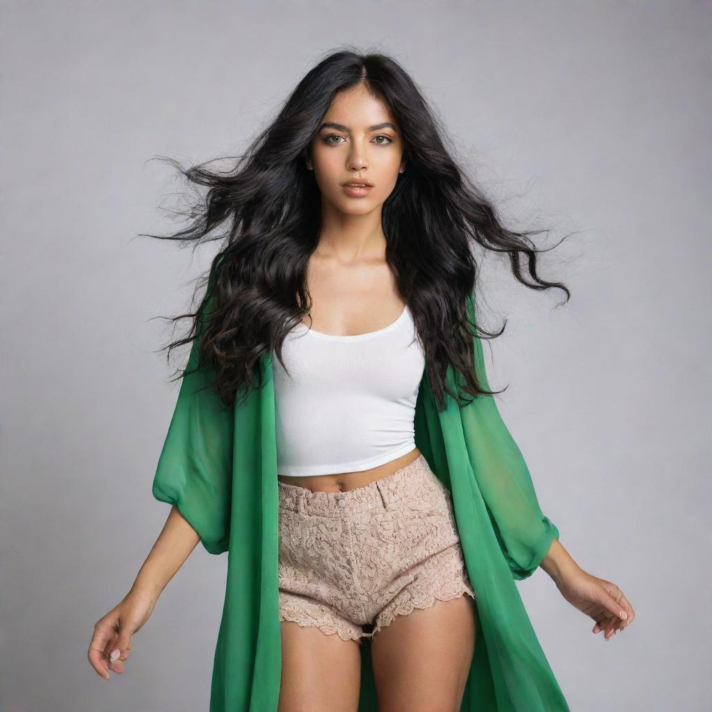 An artistic HD, full body candid fashion shot of a Generation Z inspired woman with Asian, Arabic, and Black heritage. She has green eyes, full lips, glass skin, and long, loose, wavy black hair in motion.