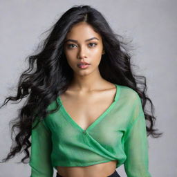 An artistic HD, full body candid fashion shot of a Generation Z inspired woman with Asian, Arabic, and Black heritage. She has green eyes, full lips, glass skin, and long, loose, wavy black hair in motion.