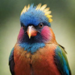 Generate an image of the most adorable bird in the universe, with vibrant plumage, sparkling eyes, and a cheeky smiling beak