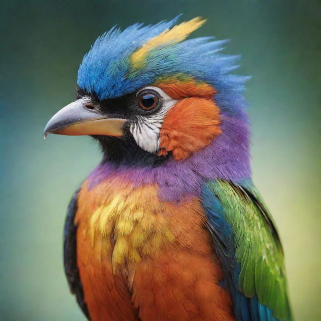 Generate an image of the most adorable bird in the universe, with vibrant plumage, sparkling eyes, and a cheeky smiling beak