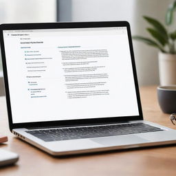 Display an elegant digital workspace featuring a laptop open to a document, glasses, a coffee cup and a notepad with a pen. Superimpose icons for proofreading, resume writing, transcription, and content writing services on the screen.