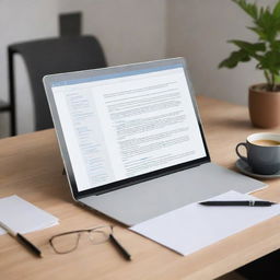 Display an elegant digital workspace featuring a laptop open to a document, glasses, a coffee cup and a notepad with a pen. Superimpose icons for proofreading, resume writing, transcription, and content writing services on the screen.