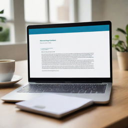 Display an elegant digital workspace featuring a laptop open to a document, glasses, a coffee cup and a notepad with a pen. Superimpose icons for proofreading, resume writing, transcription, and content writing services on the screen.