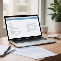 Display an elegant digital workspace featuring a laptop open to a document, glasses, a coffee cup and a notepad with a pen. Superimpose icons for proofreading, resume writing, transcription, and content writing services on the screen.