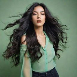 An artistic, high-definition, full-body candid fashion shot. The image captures a woman with Asian, Arabic, and Black roots, green eyes, full lips, glass skin, and long, loose, wavy black hair in motion, exuding Generation Z vibes.