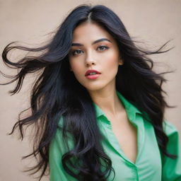 An artistic, high-definition, full-body candid fashion shot. The image captures a woman with Asian, Arabic, and Black roots, green eyes, full lips, glass skin, and long, loose, wavy black hair in motion, exuding Generation Z vibes.