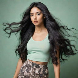 An artistic, high-definition, full-body candid fashion shot. The image captures a woman with Asian, Arabic, and Black roots, green eyes, full lips, glass skin, and long, loose, wavy black hair in motion, exuding Generation Z vibes.