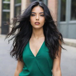 An artistic, high-definition, full-body candid fashion shot. The image captures a woman with Asian, Arabic, and Black roots, green eyes, full lips, glass skin, and long, loose, wavy black hair in motion, exuding Generation Z vibes.