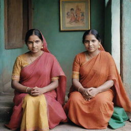 1960s-era Bangladeshi women engaged in daily activities, dressed in traditional attire, all framed within a colorful, historically accurate, and culturally sensitive context