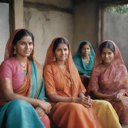 1960s-era Bangladeshi women engaged in daily activities, dressed in traditional attire, all framed within a colorful, historically accurate, and culturally sensitive context