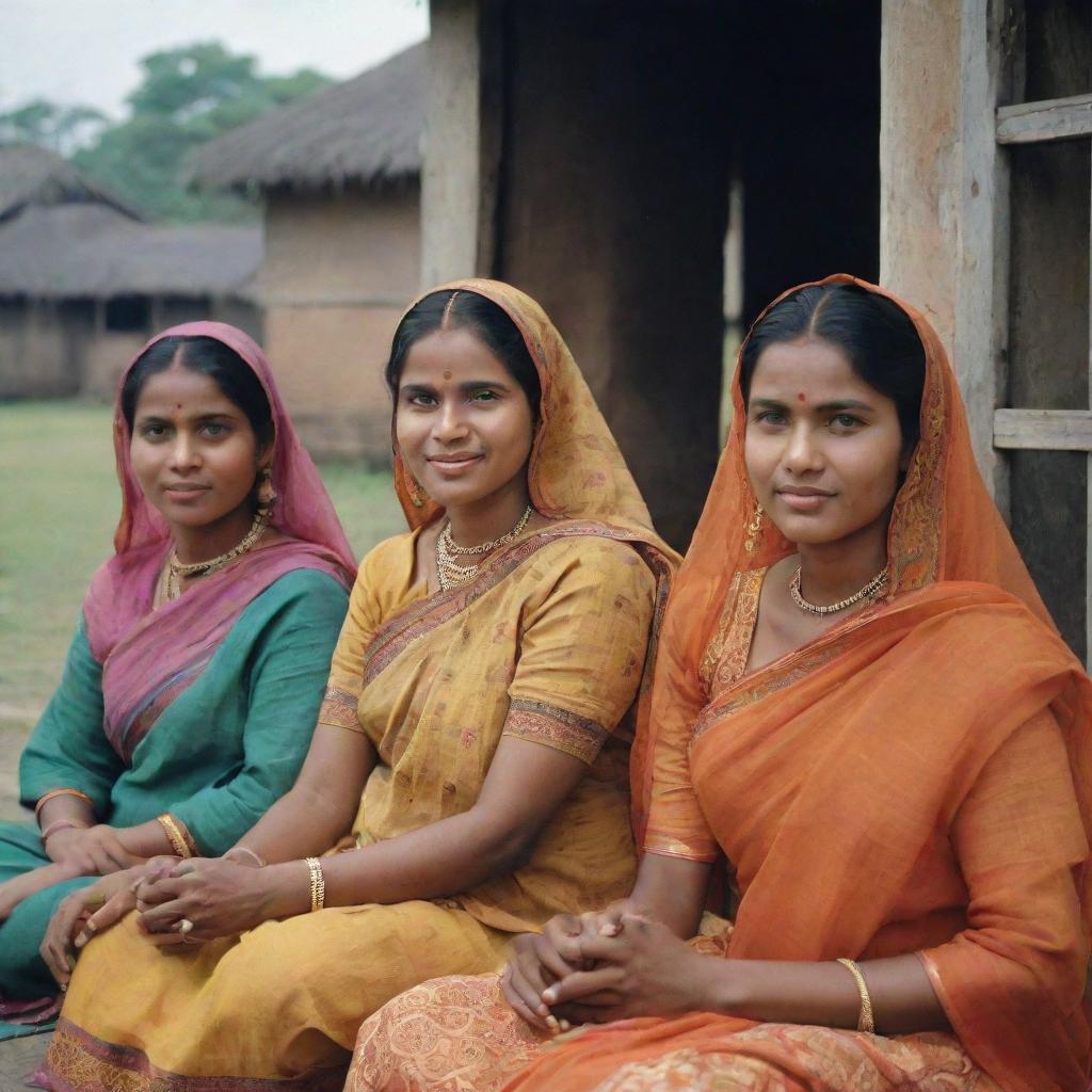 1960s-era Bangladeshi women engaged in daily activities, dressed in traditional attire, all framed within a colorful, historically accurate, and culturally sensitive context