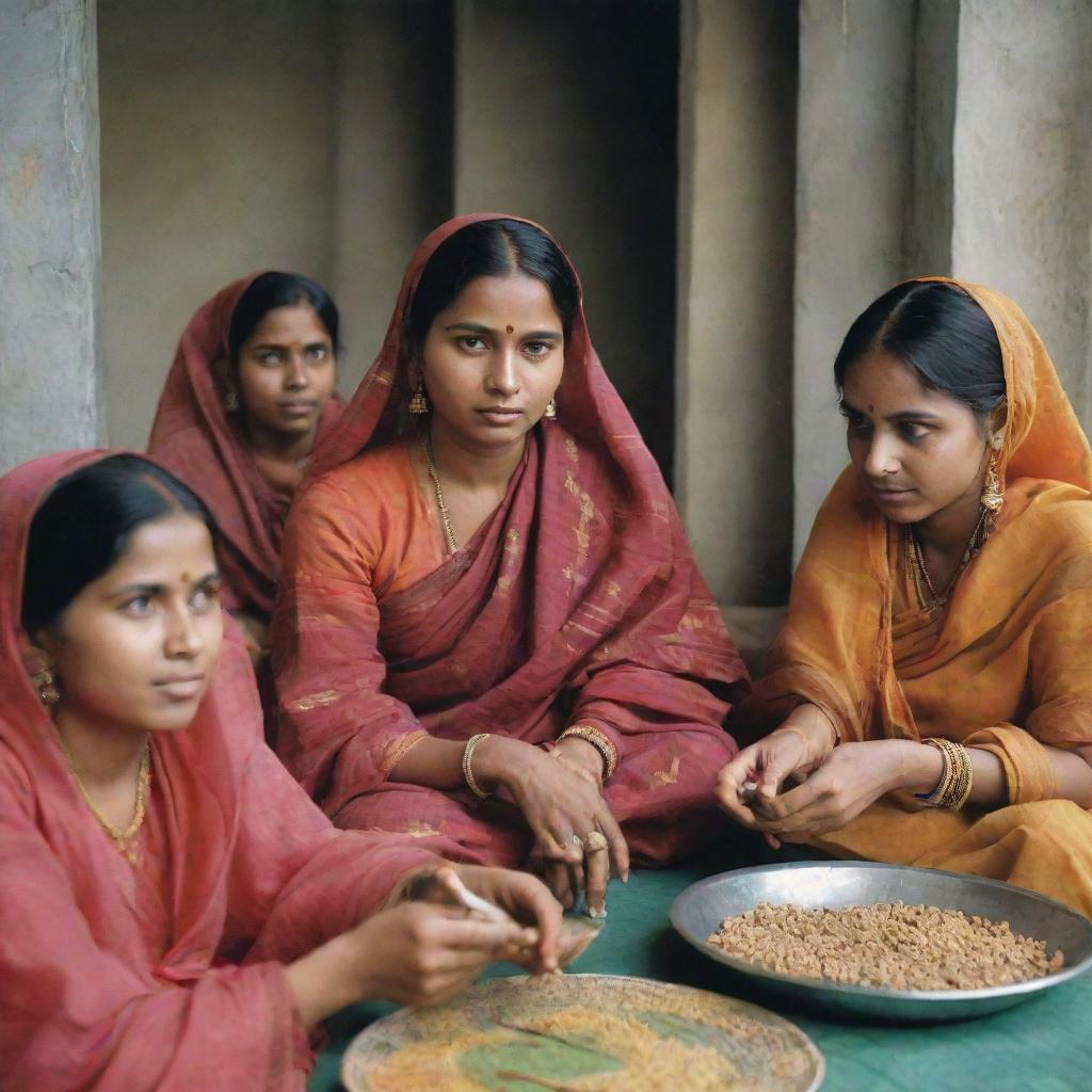 1960s-era Bangladeshi women engaged in daily activities, dressed in traditional attire, all framed within a colorful, historically accurate, and culturally sensitive context